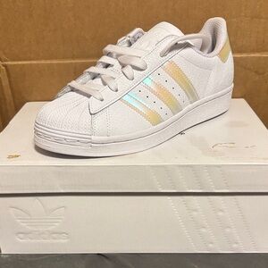 Adidas White Sneakers with Rainbow Stripes